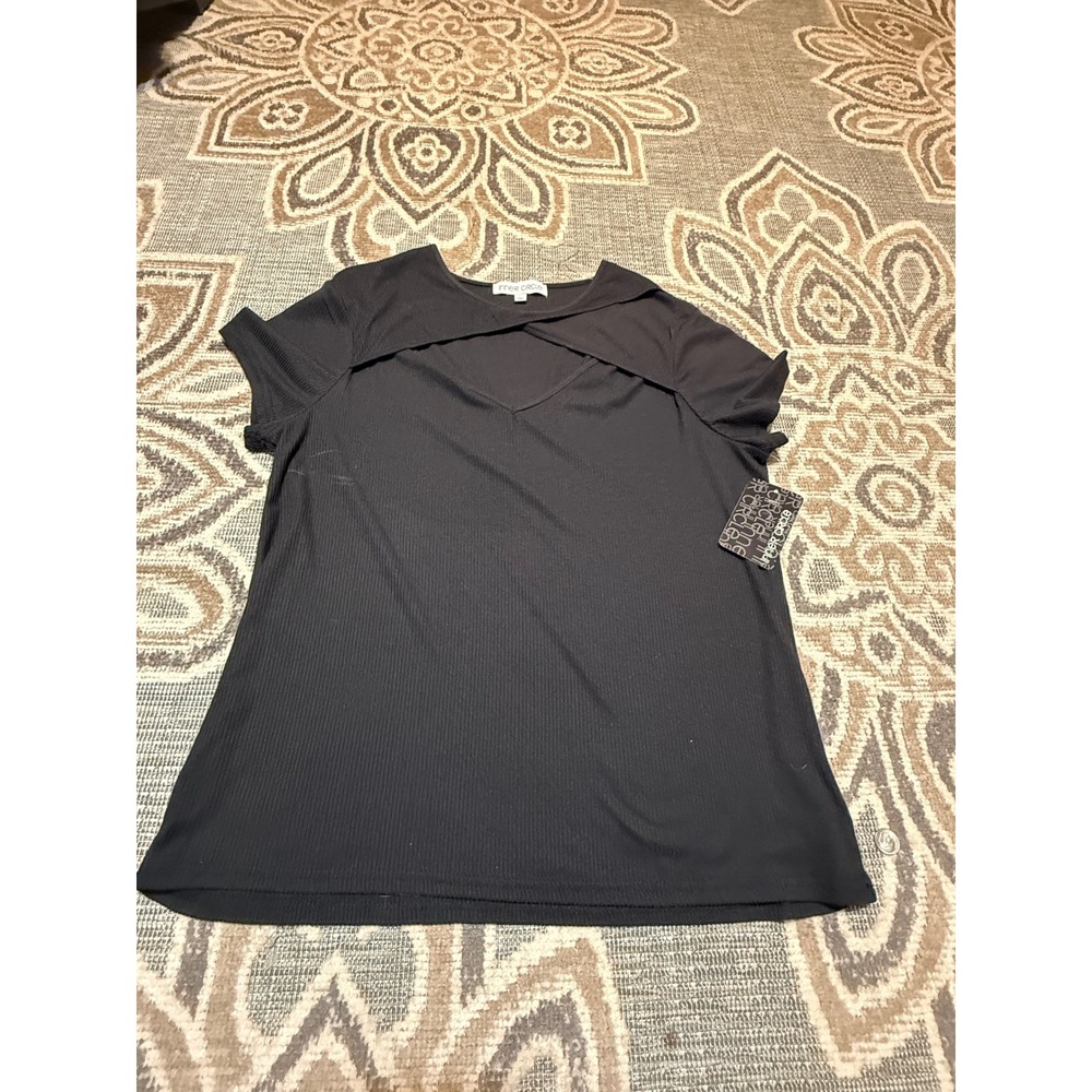 Inner Circle Black Ribbed Short Sleeve Top Crisscross Cutout Neckline XL NEW